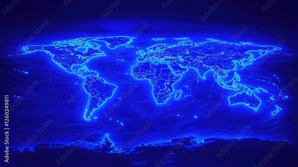 Poster a bright blue abstract background with a glowing world map and network lines symbolizing data flow.