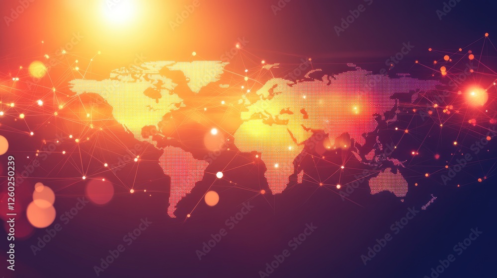 Poster a corporate digital interface with an illuminated world map and tech-inspired global networking elem