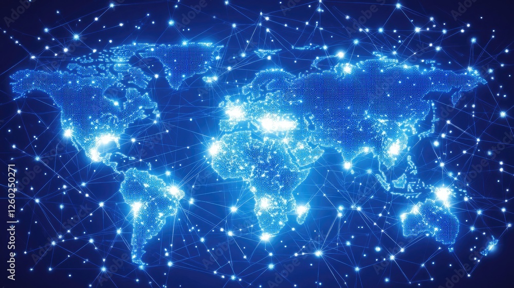 Poster a corporate digital interface with an illuminated world map and tech-inspired global networking elem