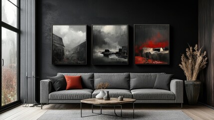 A contemporary space with three accent canvas paintings hung above a modern gray sofa, set against a dramatic black backdrop.