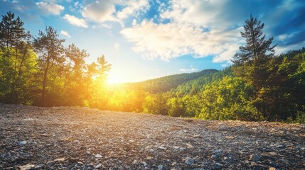 A countryside scene where a gravel hill meets a deep blue sky, framed by scattered trees and warm sunlight.