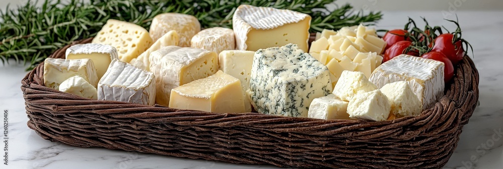 Poster a savory mixed cheese selection displayed alongside colorful vegetables, creating an inviting and vi