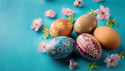 Obraz premium Easter eggs, floral pattern, on blue background
