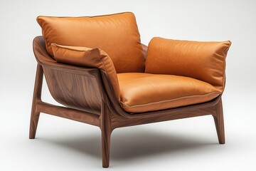 Relaxing Walnut and Leather Armchair: A sophisticated armchair featuring a rich, amber leather seat and curved walnut wood frame. Designed for comfort and style, perfect for a living room or study.  