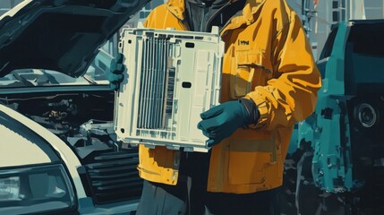 Technician holding a car part in a garage setting