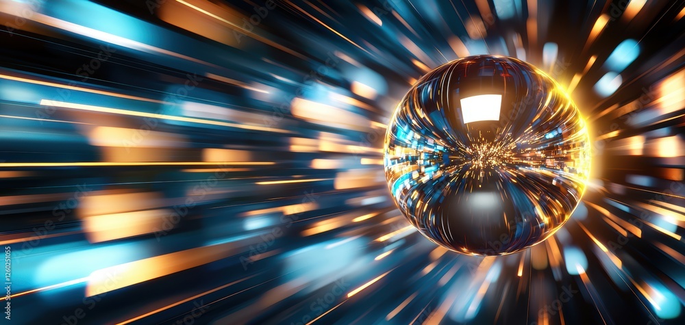 Poster a vibrant, abstract depiction of a glowing orb surrounded by streaks of light, creating a sense of m