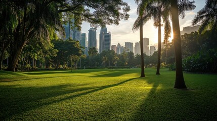 Obraz premium City skyline sunset park green grass