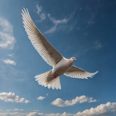 Fototapeta premium A dove flying through a clear, peaceful sky. Dove flying in the air with wings wide openDove flying in the air with wings wide open White dove flying in the blue sky