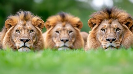 Fototapeta premium three lions laying in the grass with their heads down, surrounded by a blurred background