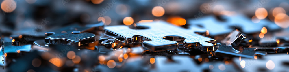 Poster metallic puzzle pieces with shallow depth of field