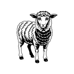  A black and white vector linocut-stile illustration featuring a sheep