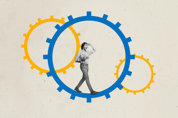 Exclusive sketch collage of happy dandy man carry flowers bouquet walk gearwheel optimization...