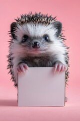 Adorable Hedgehog Holding Blank Sign on Pink Background
