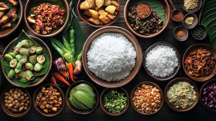 Nasi lemak, a traditional Malay dish, features fragrant rice cooked in coconut milk and pandan leaves. It is typically served with an assortment of side dishes