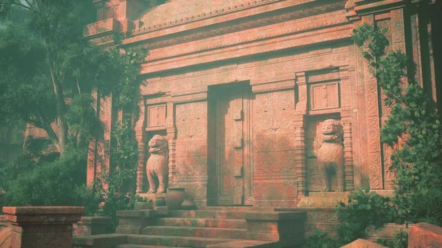 A stone building showcasing intricate statues on its exterior, standing as a representation of ancient Cambodian architecture.