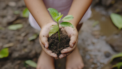 Fototapeta premium child gently holds small sapling with soil in cupped hands