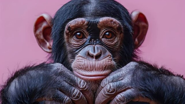 Young chimpanzee portrait, pink background, studio shot, wildlife conservation
