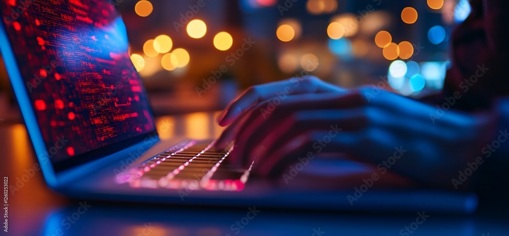 Poster night coder working on laptop, city lights blurred background, software development