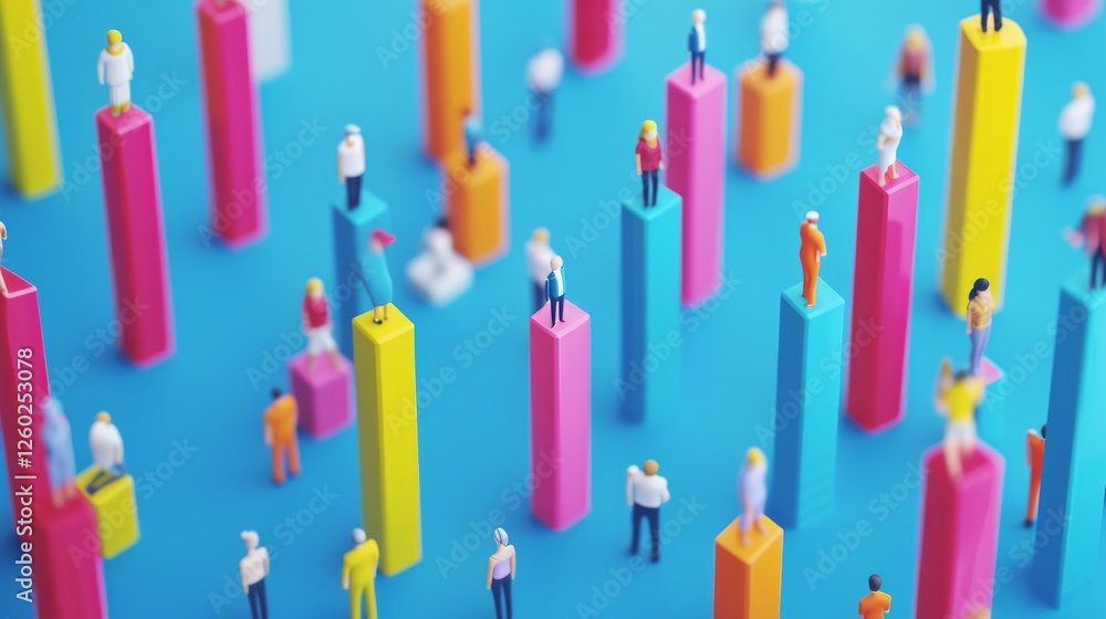 Poster digital artwork showcasing small human figures positioned on multicolored bar columns, symbolizing f