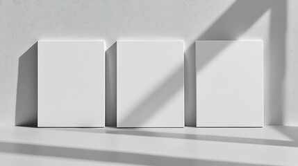 Fototapeta premium Three blank canvases, sunlit wall, mockup
