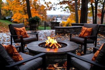 A cozy autumn gathering with friends sipping hot cider around a fire pit,
