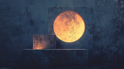 Warm light illuminates geometric forms arranged artfully against a dark textured backdrop. AI Generated