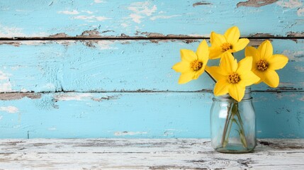  a wooden table with a mason jar filled with bright yellow daffodils sitting atop it The background of the image is a wooden wall, adding to the rustic feel of the