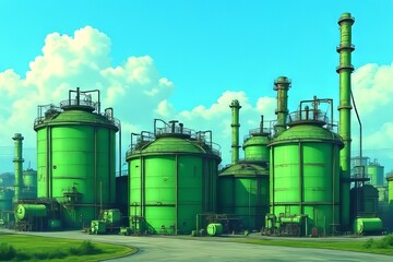 Obraz premium Large Industrial Complex with Green Storage Tanks and Pipes under a Clear Sky