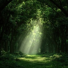 Obraz premium A serene forest scene with sunlight streaming through lush green trees, creating a peaceful and enchanting atmosphere.
