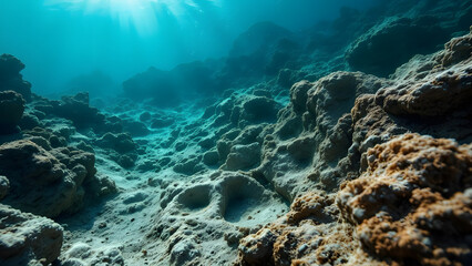 Fototapeta premium Underwater scene showcasing rocky terrain with sunlight filtering through the water.