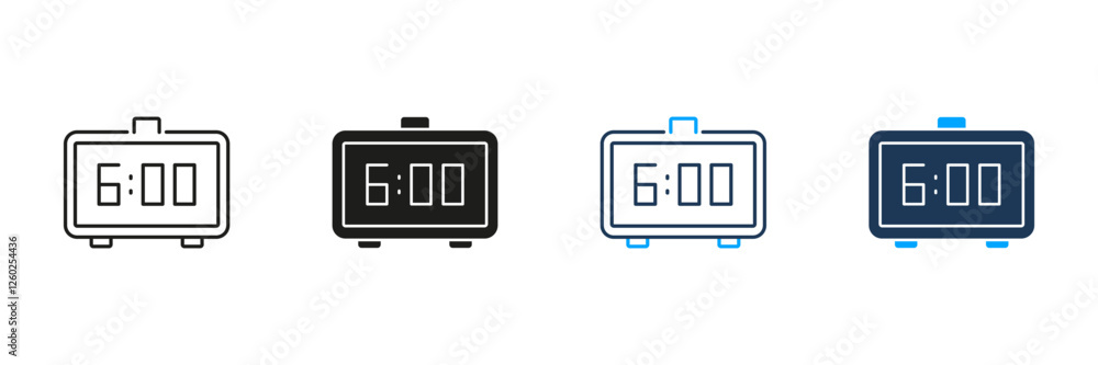 Poster digital alarm clock showing 6:00 line and silhouette icon set. morning wake up time display symbol. 