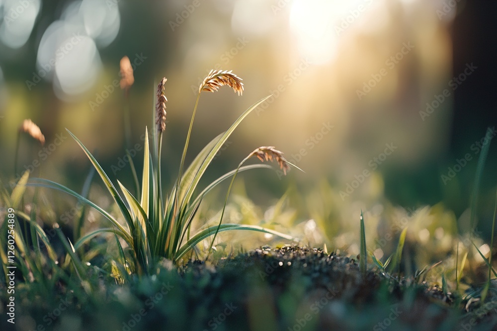Poster fragile blades of grass bask in soft golden light, creating a tranquil setting. the warm sunlight fi