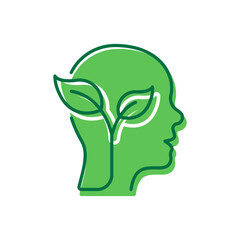 Leaf and Person Brain Ecology Environment Concept Icon. Plant in Human Head Pictogram. Tree Branch Ecology Idea Icon. Green Thinking. Editable Stroke. Isolated Vector Illustration