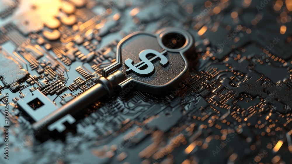 Poster a metallic key with a dollar sign embedded in it, resting on a high-tech circuit board, symbolizing 
