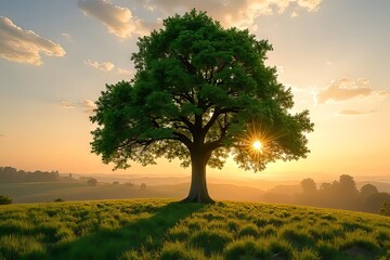 Fototapeta premium Majestic Tree at Sunrise over Rolling Hills