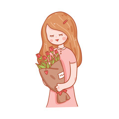 Beautiful woman holding flowers vector illustration.