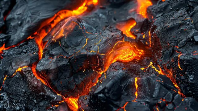 Bright orange lava flows between jagged black rocks, illuminating the landscape with its fiery glow, showcasing the intense heat of an ongoing volcanic eruption.