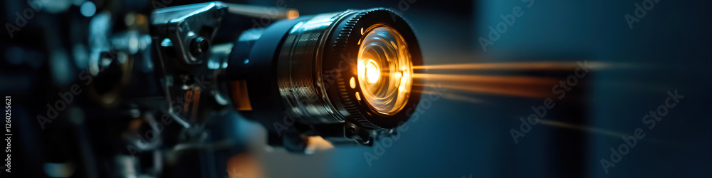 Poster close-up of illuminated lens and machine component