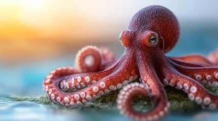 Obraz premium an octopus sitting atop a rock in the ocean, with a blurred background The octopus is in the center of the image, with the water surrounding it