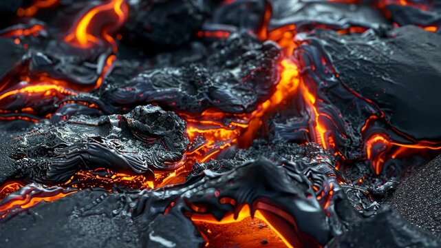 The striking contrast of molten red lava weaves through dark, solidified rock, showcasing the dynamic and destructive beauty of volcanic processes in action.