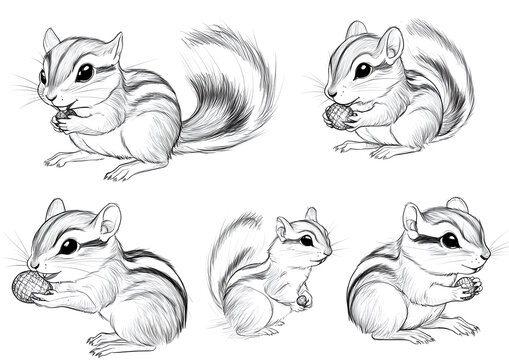 A set of hand-drawn black and white line drawings depicting chipmunks in various poses, eating nuts or holding shiny acorns on their tails, isolated on a plain background. The style is simple 