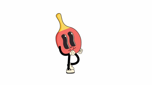 A retro cartoon-style ping pong racket, walking in a seamless loop animation. Transparent background for easy use in designs and overlays