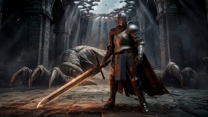 A lone knight stands in a dark