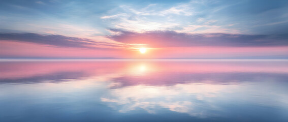Obraz premium A soft pastel sky with pink and blue hues, white clouds gently floating in the background, a sunrise peeking over the horizon, creating an ethereal atmosphere, rendered in a dreamy digital art 