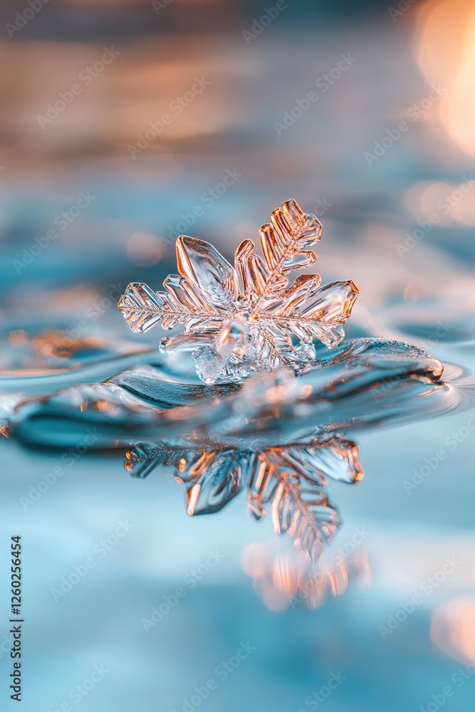 Poster a delicate snowflake intricately formed is captured in macro close-up, resting on a reflective icy s