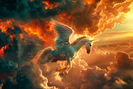 Pegaso volando entre nubes doradas en un mundo de fantas&iacute;a.