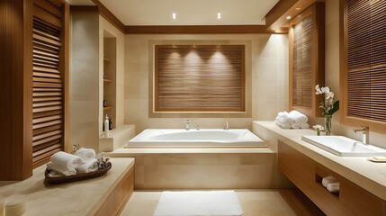 Elegant minimalist bathroom with wooden details in a hotel