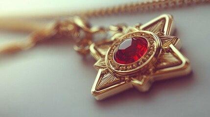 Close-Up of an Ornate Gold Medal Pendant with Red Gemstone and Elegant Design
