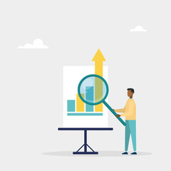 Research data, analysis of information in chat. Studying financial data or business growth. The character uses a magnifying glass to view graphs. Vector illustration	
