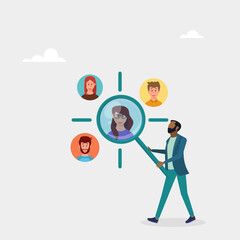 Manager with magnifying glass focuses on clients. Customer-centric marketing strategy for product and service development. Vector illustration.	